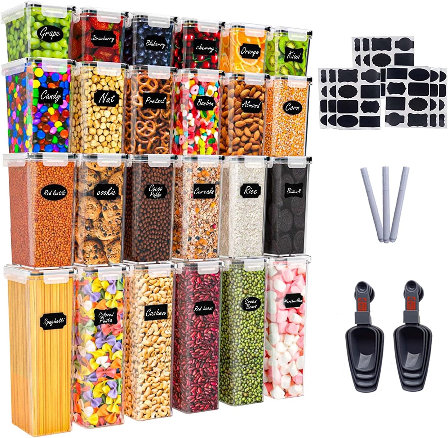 Caramont Set mit 24 luftdichten Vorratsbehältern für Lebensmittel, Aufbewahrung und Organisation in Küche und Speisekammer, BPA-freier Lebensmittelbehälter aus Kunststoff – 72 Etiketten, 3 Marker und 8 Löffel im Lieferumfang enthalten 