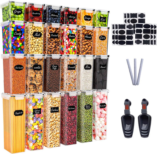Caramont Lot de 24 Boite de Conservation Alimentaire Hermétique, Rangement et Organisation Cuisine et Garde-Mange, Boite Plastique Alimentaire Sans BPA – 72 Étiquettes,3 Marqueur et 8 Cuillères inclus
