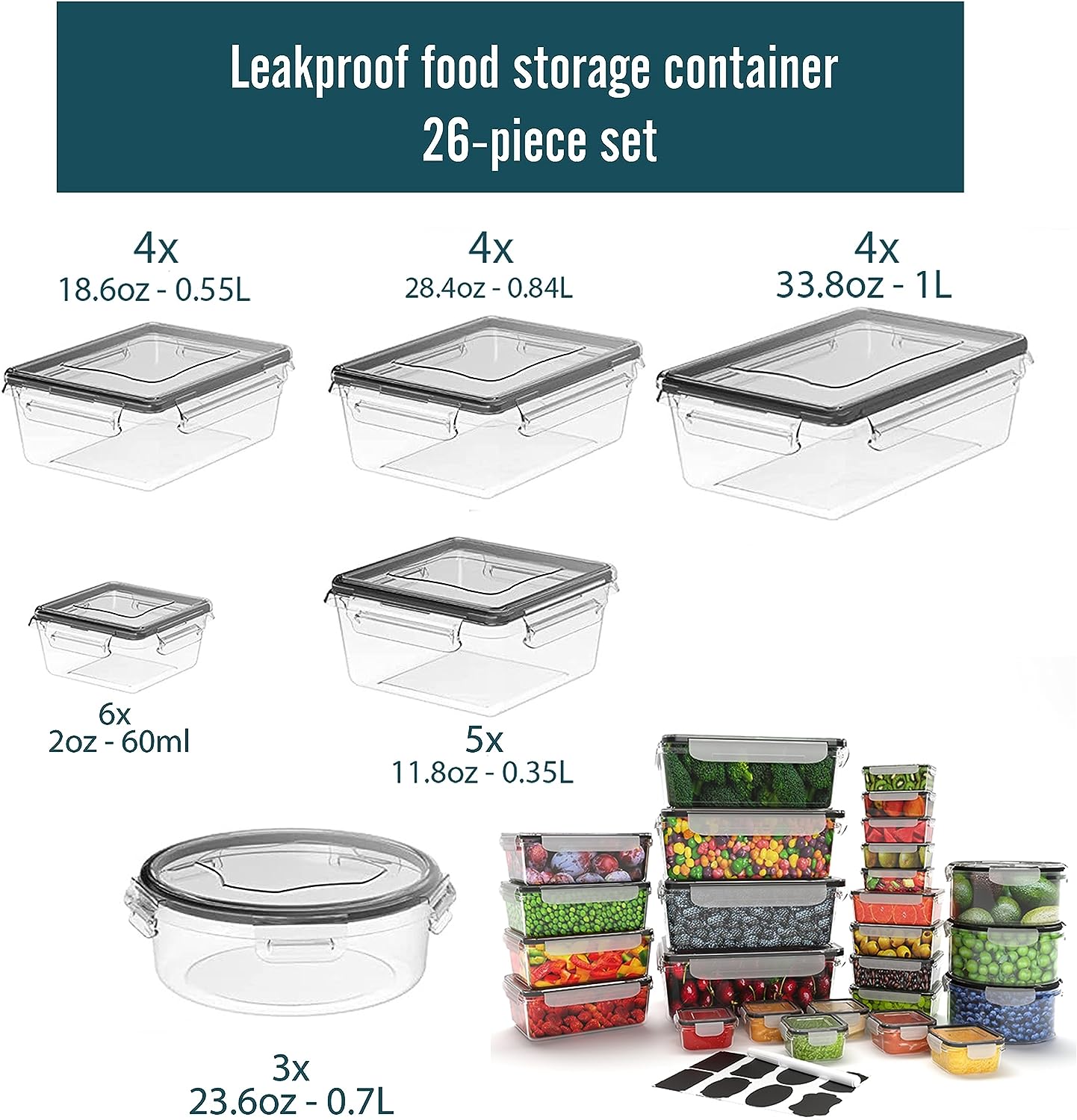 Caramont – Frischhaltedosen-Set – 100 % auslaufsicher, mikrowellen-, gefrier- und spülmaschinenfest – BPA-frei, Etiketten, Marker, 6 Saucenbehälter im Lieferumfang enthalten – 40 Stück