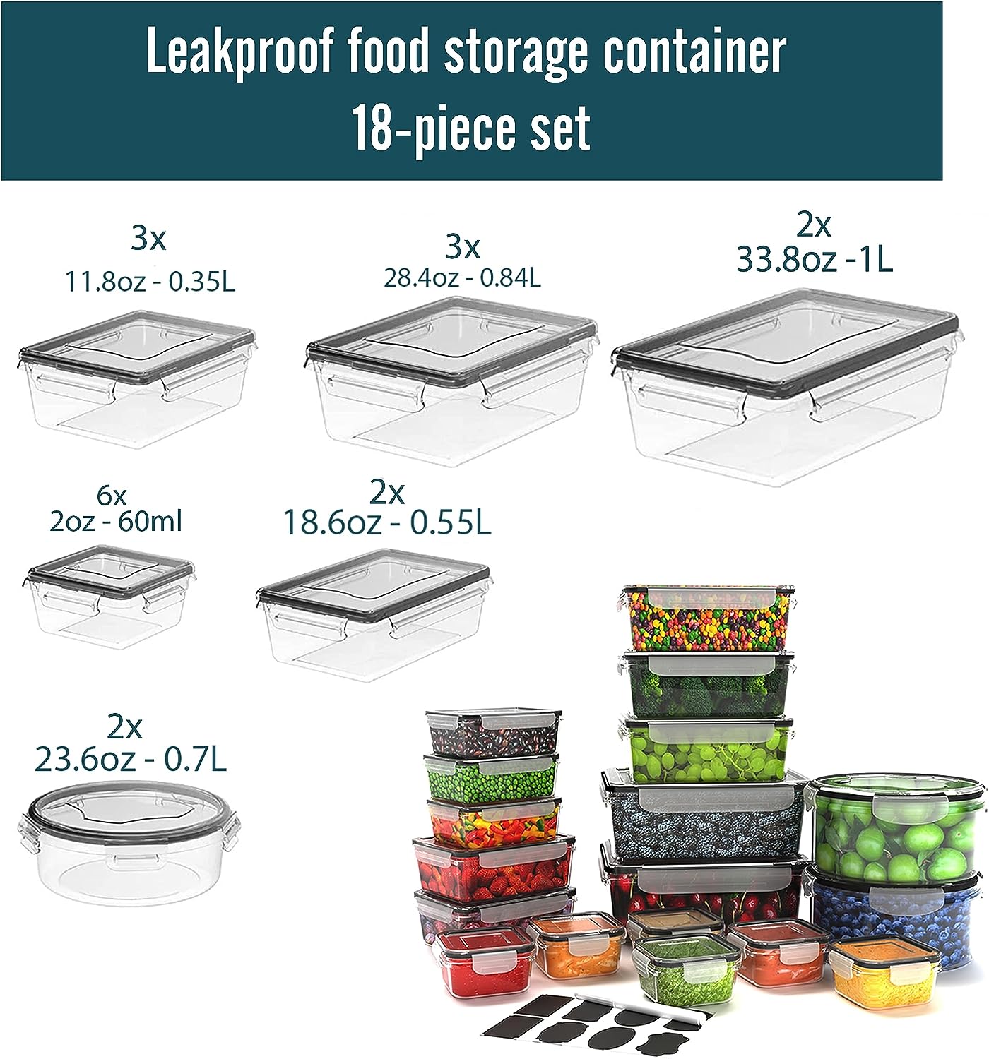 Caramont – Frischhaltedosen-Set – 100 % auslaufsicher, mikrowellen-, gefrier- und spülmaschinenfest – BPA-frei, Etiketten, Marker, 6 Saucenbehälter im Lieferumfang enthalten – 36 Stück