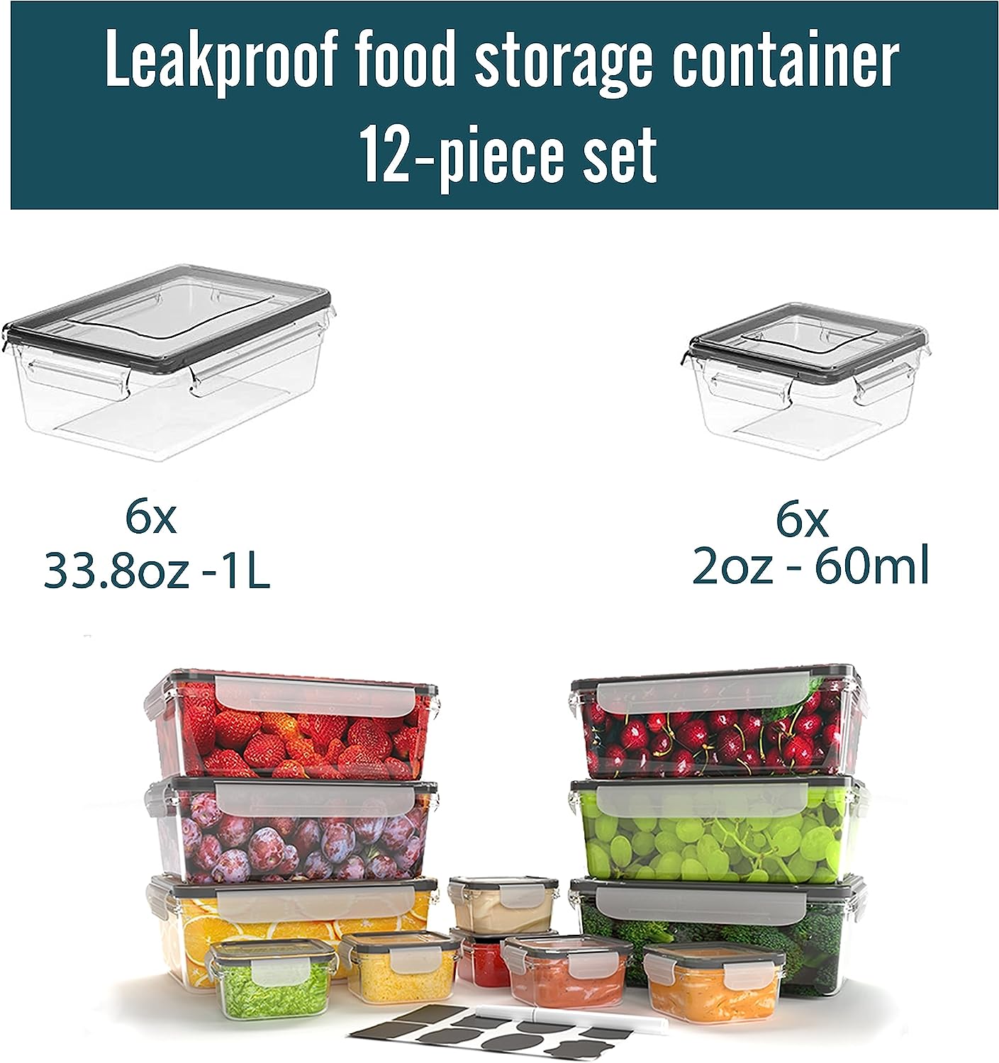 Caramont – Frischhaltedosen-Set – 100 % auslaufsicher, mikrowellen-, gefrier- und spülmaschinenfest – BPA-frei, Etiketten, Marker, 6 Saucenbehälter im Lieferumfang enthalten – 24