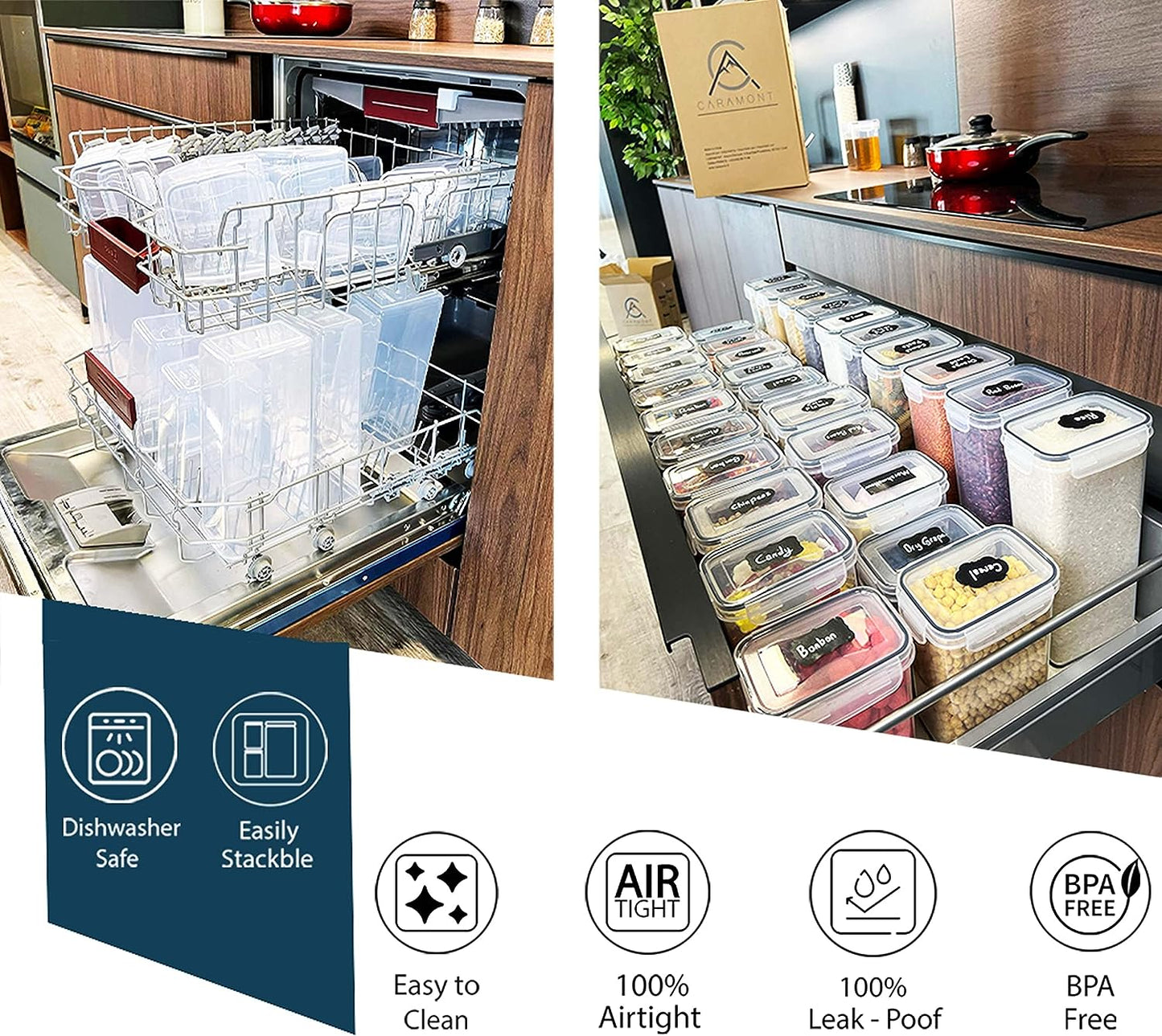 Caramont Set mit 24 luftdichten Vorratsbehältern für Lebensmittel, Aufbewahrung und Organisation in Küche und Speisekammer, BPA-freier Lebensmittelbehälter aus Kunststoff – 72 Etiketten, 3 Marker und 8 Löffel im Lieferumfang enthalten 