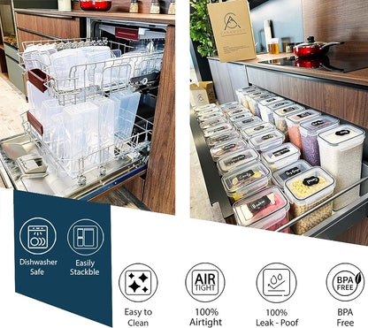 Caramont Set mit 24 luftdichten Vorratsbehältern für Lebensmittel, Aufbewahrung und Organisation in Küche und Speisekammer, BPA-freier Lebensmittelbehälter aus Kunststoff – 72 Etiketten, 3 Marker und 8 Löffel im Lieferumfang enthalten 