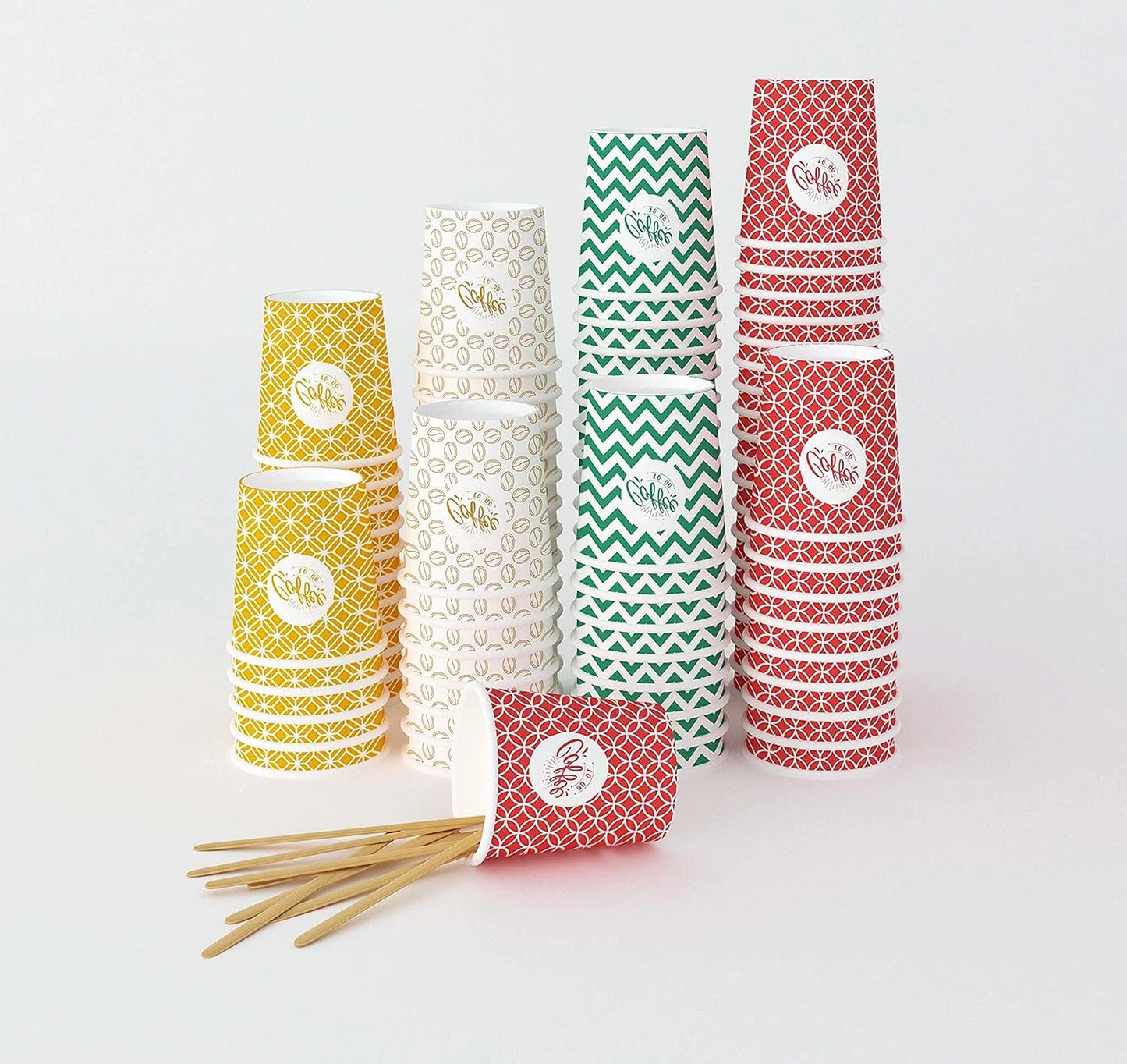 Vasos de papel para espresso multicolor de 113 g con agitadores de madera, ecológicos y desechables, resistentes al calor, de cartón de calidad, ideales para todo tipo de bebidas calientes: café, té, chocolate, etc. - 200 