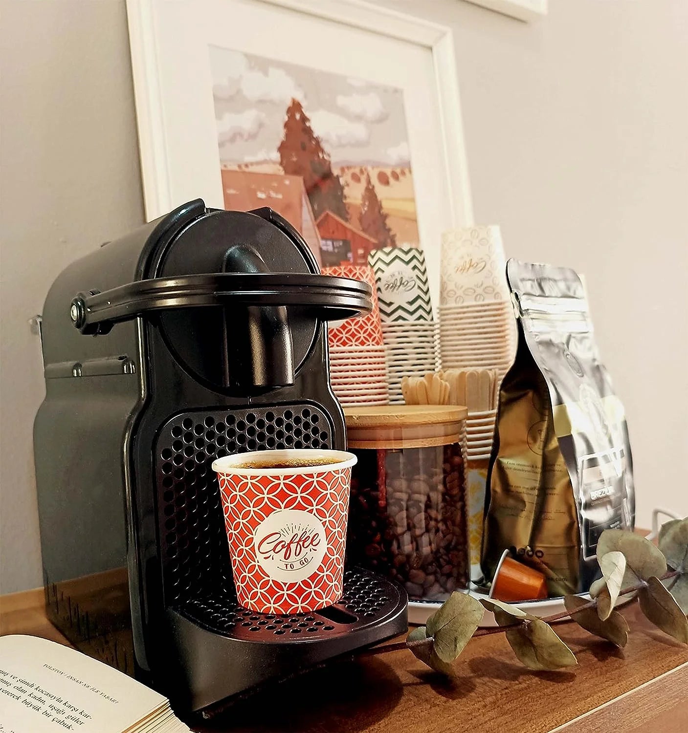 7 oz, mehrfarbige Espresso-Pappbecher mit Holzrührstäbchen, umweltfreundlich, Einweg, hitzebeständig, hochwertiger Karton, ideal für alle Heißgetränke; Kaffee, Tee, Schokolade usw. -200