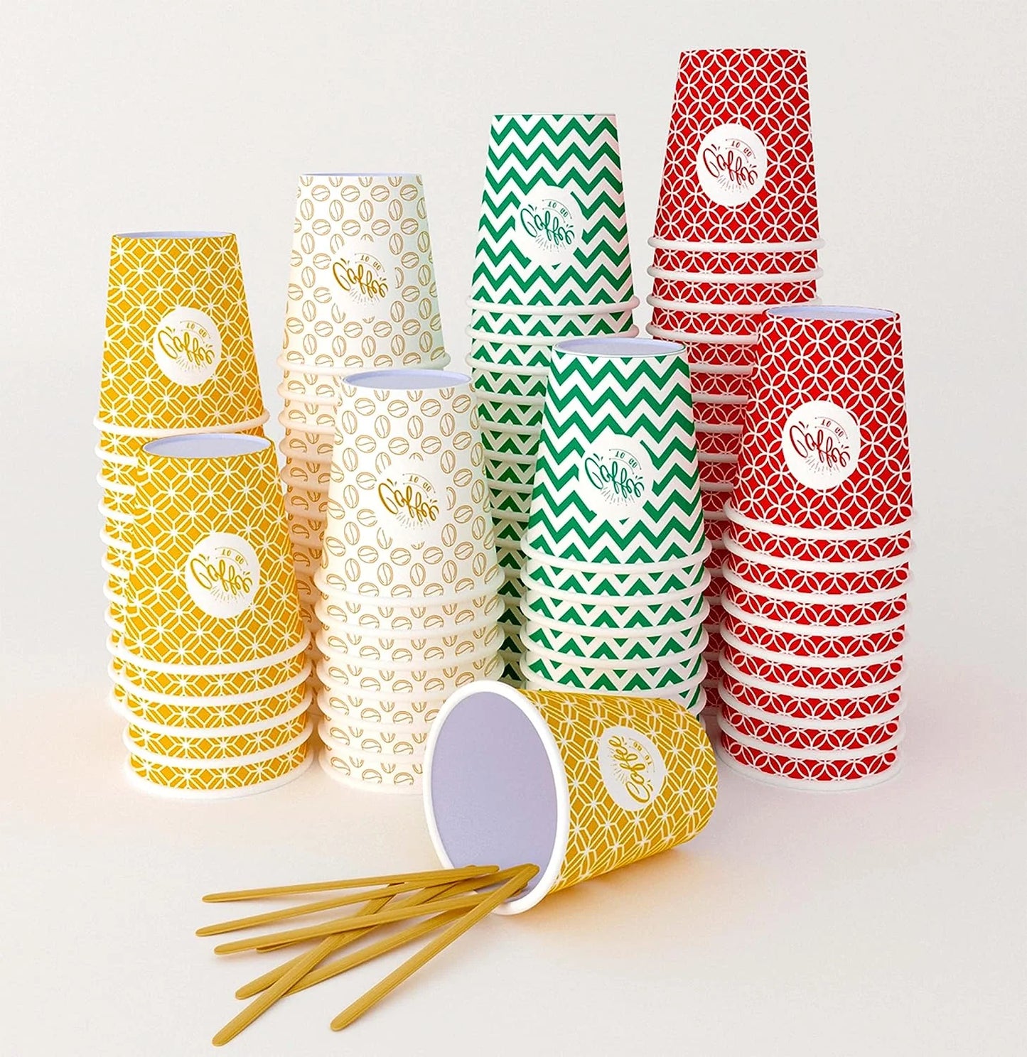 Vasos de papel para espresso multicolor de 7 oz con agitadores de madera, ecológicos, desechables, resistentes al calor, de cartón de calidad, ideales para todo tipo de bebidas calientes: café, té, chocolate, etc. - 1000 