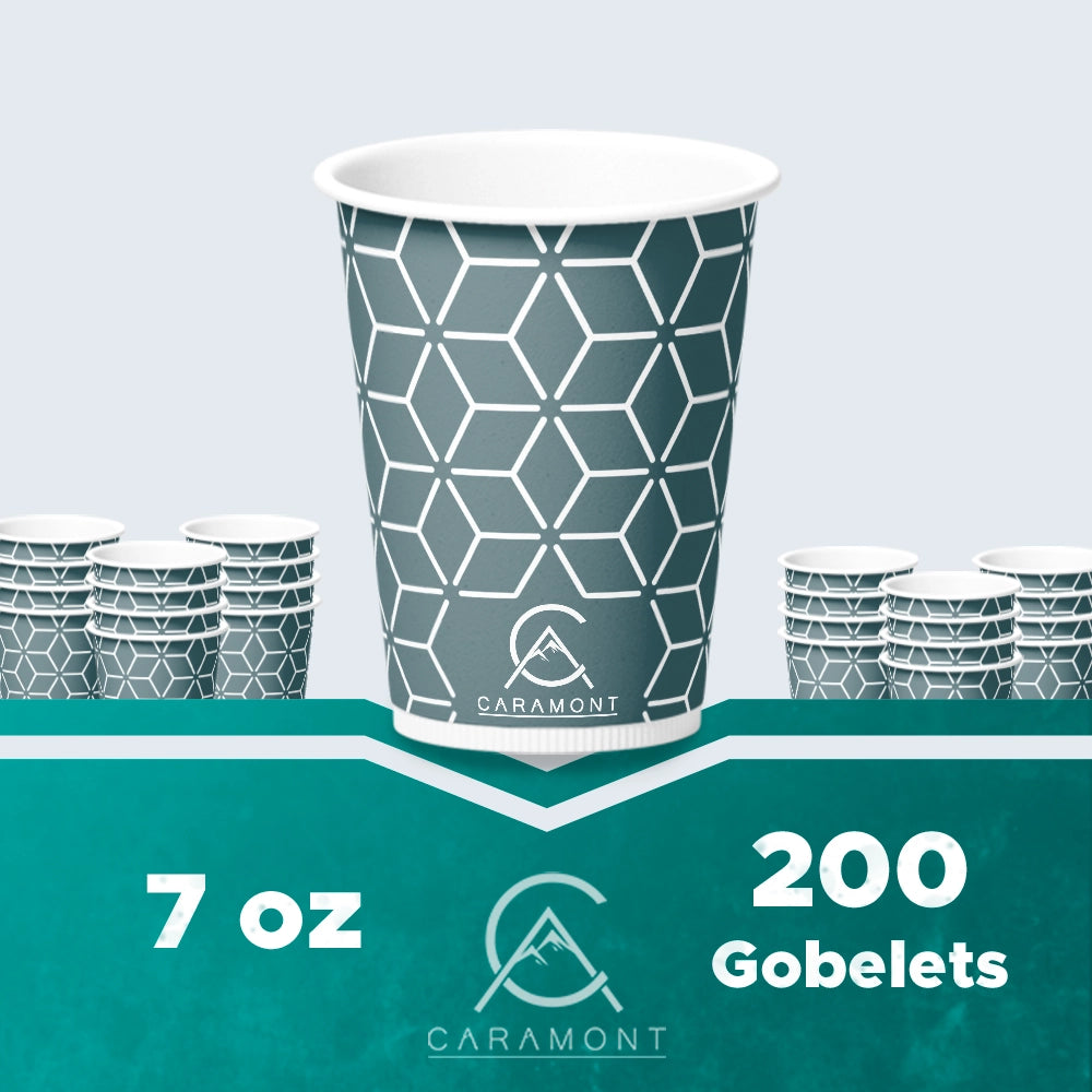 Caramont, 7-oz-Pappbecher mit Holzrührstäbchen, umweltfreundlich und zum Einmalgebrauch, hitzebeständig, für kalte und heiße Getränke aus hochwertigem Karton, ideal für Kaffee, Tee, Geburtstag usw. – 200 