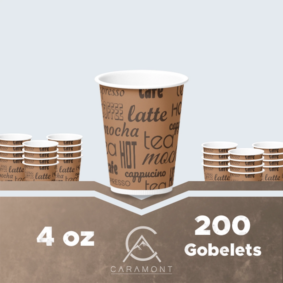 Caramont,4 Oz Espresso Gobelets en Carton avec Agitateurs en Bois,Écologique et Jetables,Résistant à la Chaleur,Carton de Qualité,Idéal pour Toutes Les Boissons Chaudes ; Café,Thé,Chocolat etc. -200