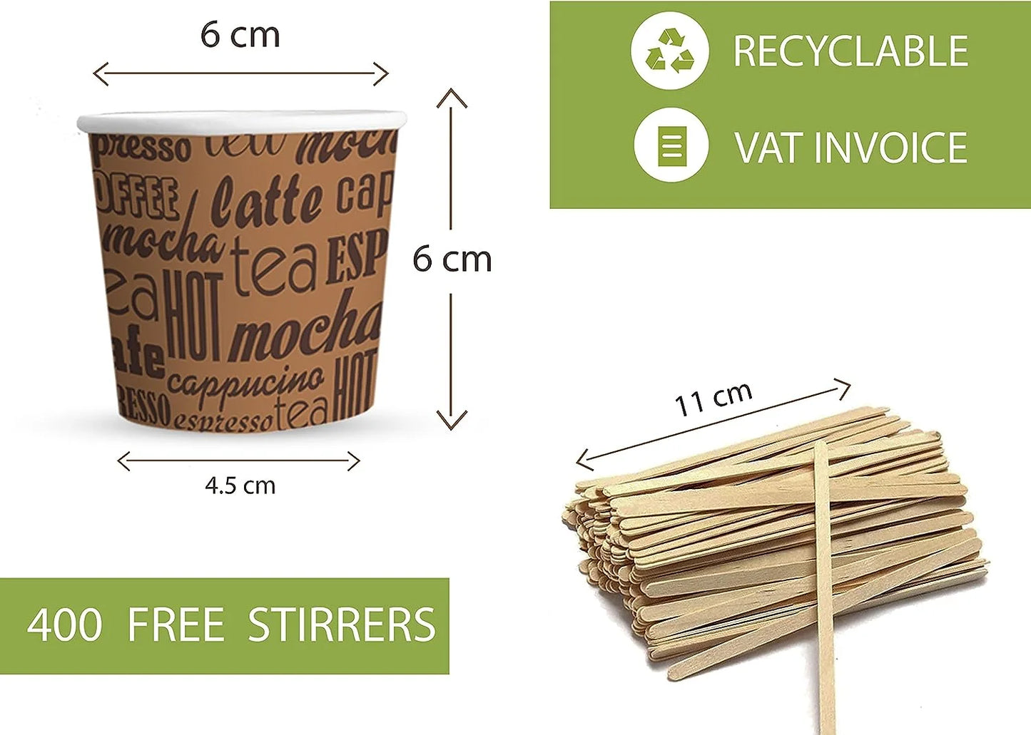 Caramont, 4 oz Espresso-Pappbecher mit Holzrührstäbchen, umweltfreundlich und zum Einmalgebrauch, hitzebeständig, hochwertiger Karton, ideal für alle Heißgetränke; Kaffee, Tee, Schokolade usw. -400 