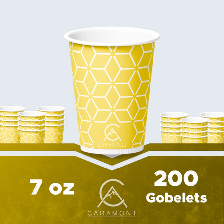 Caramont, 7 oz Pappbecher mit Holzrührstäbchen, umweltfreundlich und Einweg, hitzebeständig, für kalte und heiße Getränke aus hochwertigem Karton, ideal für Kaffee, Tee, Geburtstag usw. -200 