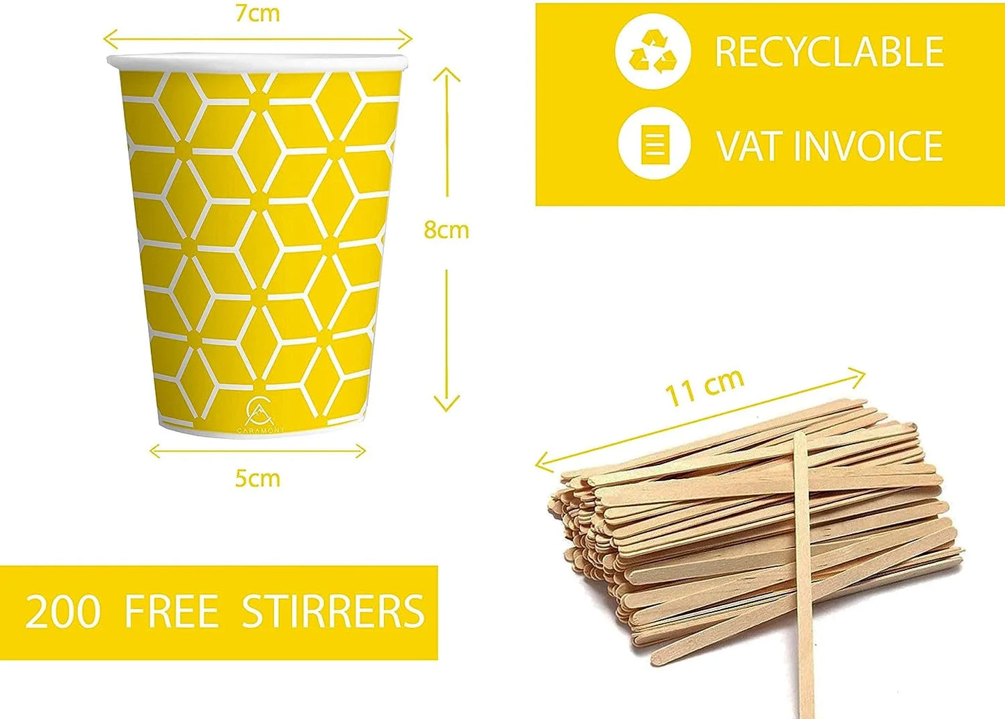 Caramont,7 Oz Gobelets en Carton avec Agitateurs en Bois,Écologique et Jetables,Résistant à la Chaleur,pour la Boisson Froide et Chaude en Carton de Qualité,Ideal pour Café,Thé,Anniversaire,etc. -400