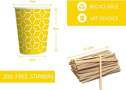 Caramont,7 Oz Gobelets en Carton avec Agitateurs en Bois,Écologique et Jetables,Résistant à la Chaleur,pour la Boisson Froide et Chaude en Carton de Qualité,Ideal pour Café,Thé,Anniversaire,etc. -400