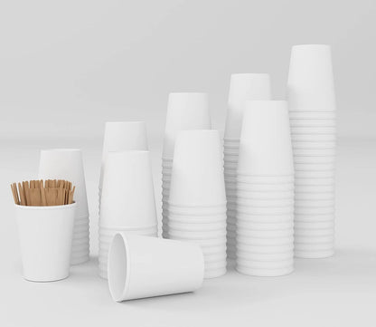 Vasos de papel de 7 oz con agitadores de madera, ecológicos y desechables, resistentes al calor, para bebidas frías y calientes, hechos de cartón de calidad, ideales para café, té, cumpleaños, etc. -200