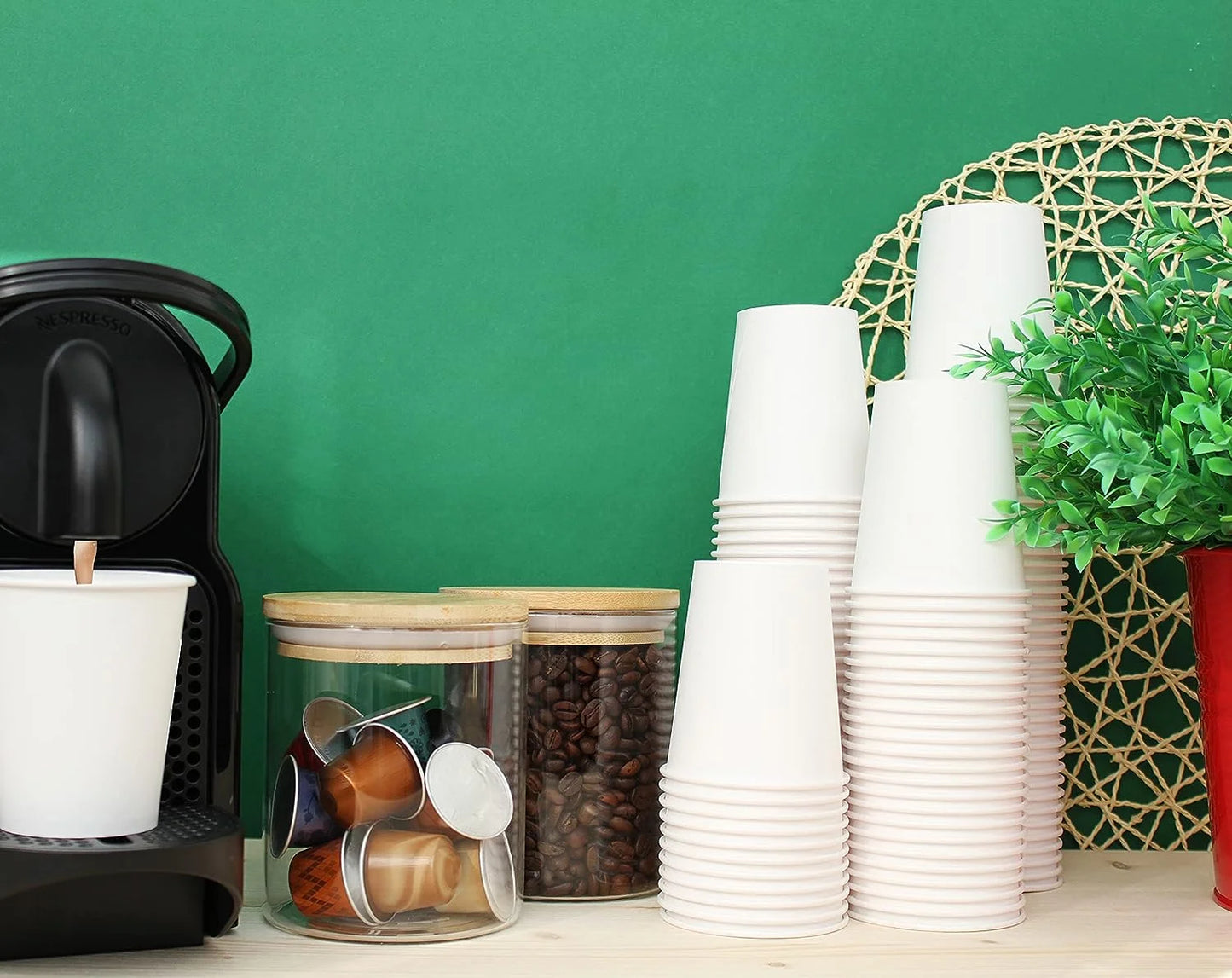 Vasos de papel de 7 oz con agitadores de madera, ecológicos y desechables, resistentes al calor, para bebidas frías y calientes, hechos de cartón de calidad, ideales para café, té, cumpleaños, etc. -200