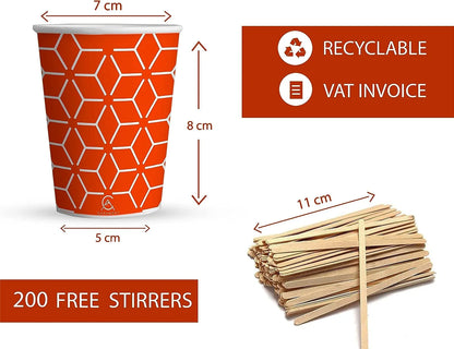 Vasos de papel Caramont de 7 oz con agitadores de madera, ecológicos y desechables, resistentes al calor, para bebidas frías y calientes en cartón de calidad, ideales para café, té, cumpleaños, etc. -400 