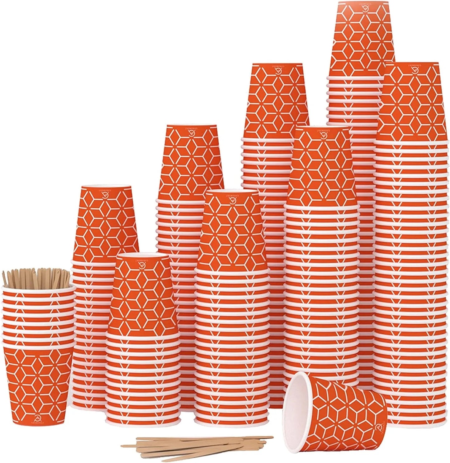 Vasos de papel Caramont de 7 oz con agitadores de madera, ecológicos y desechables, resistentes al calor, para bebidas frías y calientes en cartón de calidad, ideales para café, té, cumpleaños, etc. -400 