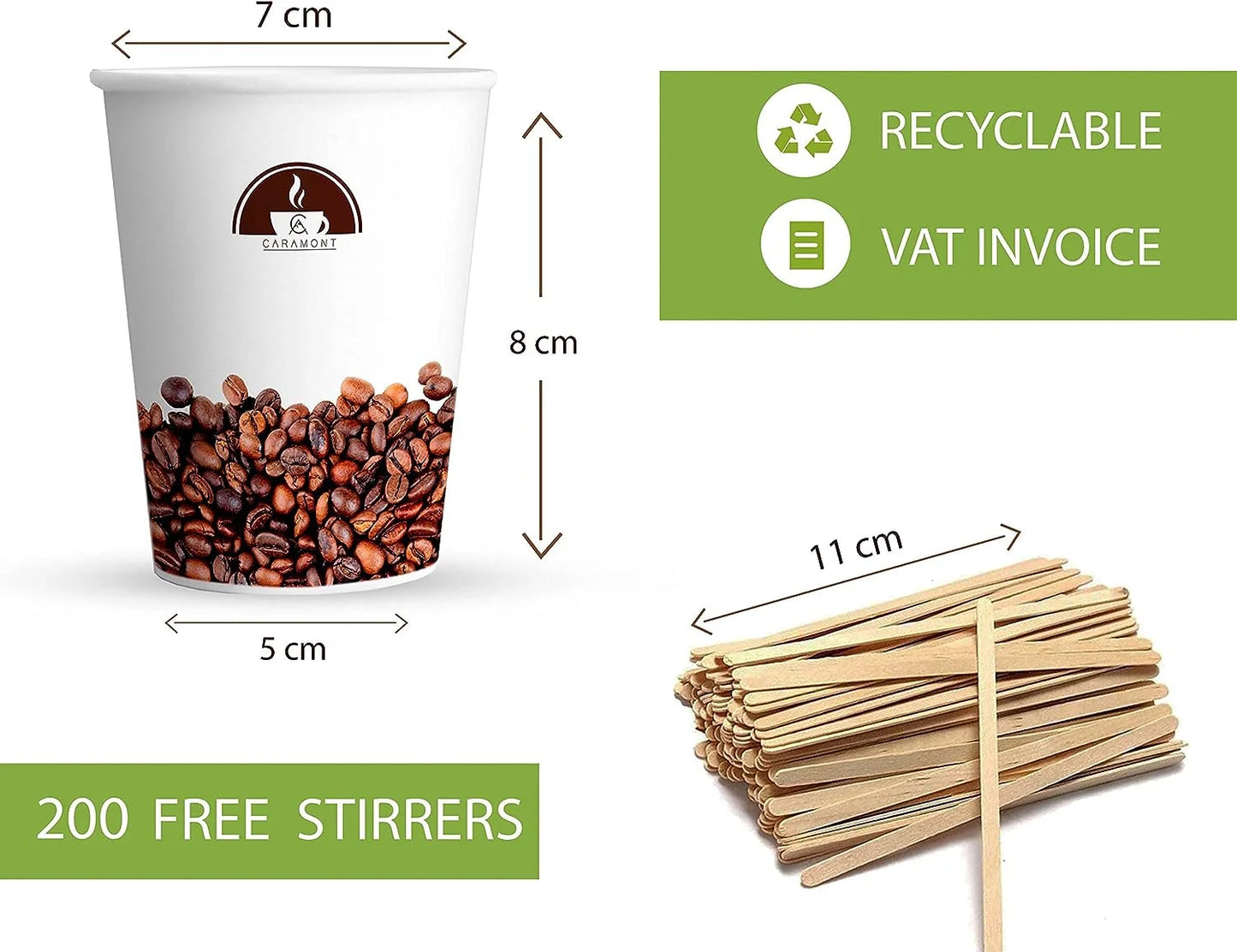 Caramont,7 Oz Gobelets en Carton avec Agitateurs en Bois,Écologique et Jetables,Résistant à la Chaleur,pour la Boisson Froide et Chaude en Carton de Qualité,Ideal pour Café,Thé,Anniversaire,etc -400