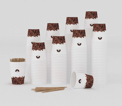 Caramont,7 Oz Gobelets en Carton avec Agitateurs en Bois,Écologique et Jetables,Résistant à la Chaleur,pour la Boisson Froide et Chaude en Carton de Qualité,Ideal pour Café,Thé,Anniversaire,etc -400