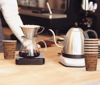 Vasos de papel Caramont de 7 oz con agitadores de madera, ecológicos y desechables, resistentes al calor, para bebidas frías y calientes en cartón de calidad, ideales para café, té, cumpleaños, etc. -400 