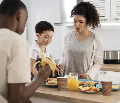 Vasos de papel Caramont de 7 oz con agitadores de madera, ecológicos y desechables, resistentes al calor, para bebidas frías y calientes en cartón de calidad, ideales para café, té, cumpleaños, etc. -400 