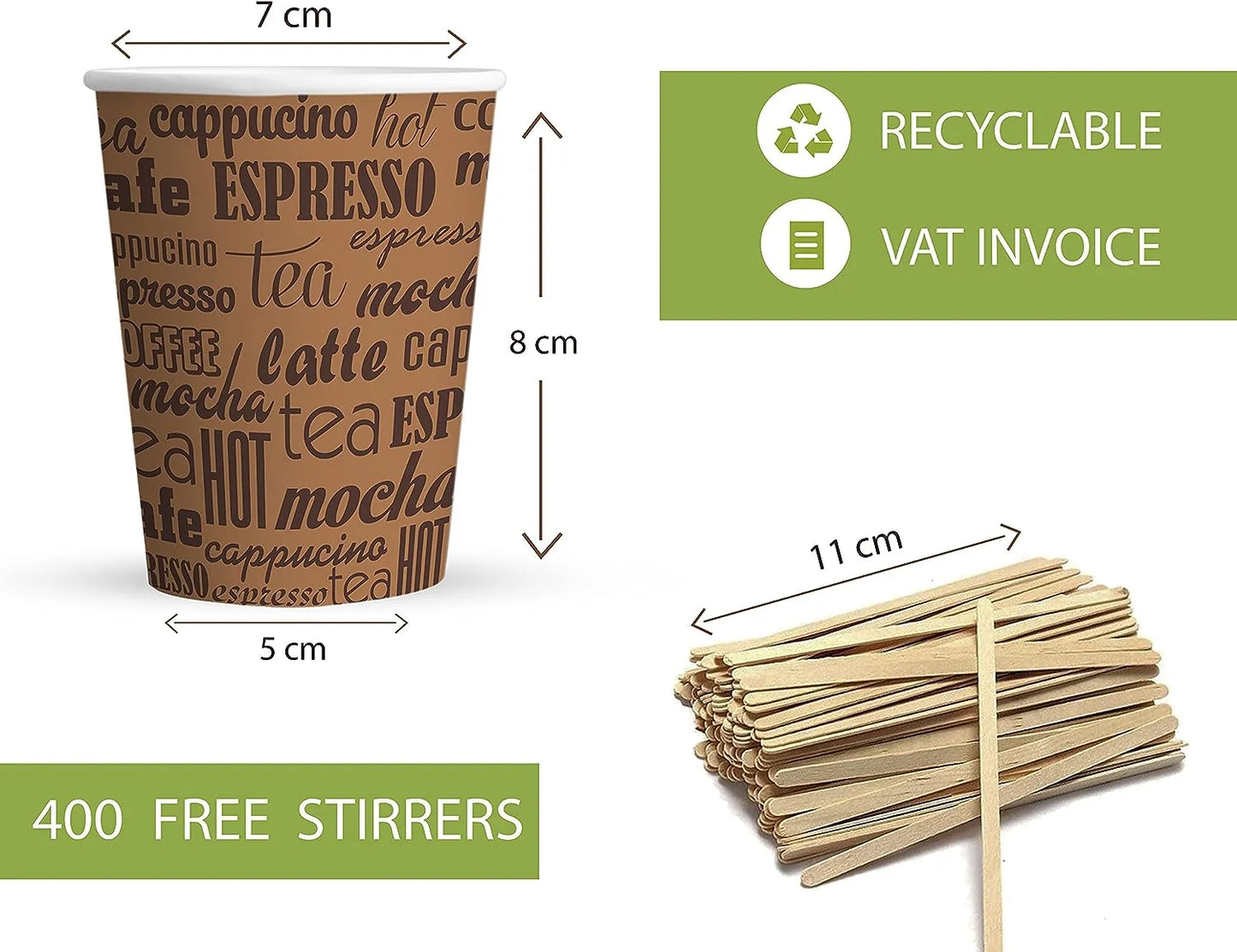 Vasos de papel Caramont de 7 oz con agitadores de madera, ecológicos y desechables, resistentes al calor, para bebidas frías y calientes en cartón de calidad, ideales para café, té, cumpleaños, etc. -400 