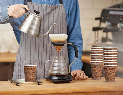 Vasos de papel Caramont de 7 oz con agitadores de madera, ecológicos y desechables, resistentes al calor, para bebidas frías y calientes en cartón de calidad, ideales para café, té, cumpleaños, etc. -400 