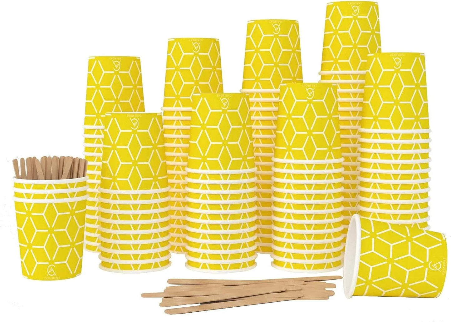 Caramont,4 Oz Espresso Gobelets en Carton avec Agitateurs en Bois,Écologique et Jetables,Résistant à la Chaleur,Carton de Qualité,Idéal pour Toutes Les Boissons Chaudes ; Café,Thé,Chocolat etc. -400